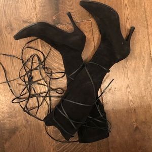 Black suede high heel boots